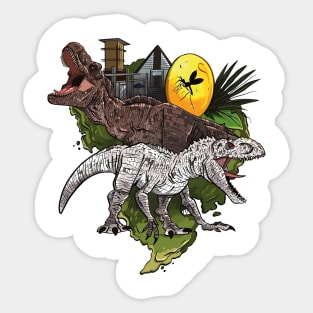 Amber Treasures: Rustic Illustration of T-Rex and Indominus Rex with the Famous Mosquito in Amber Sticker